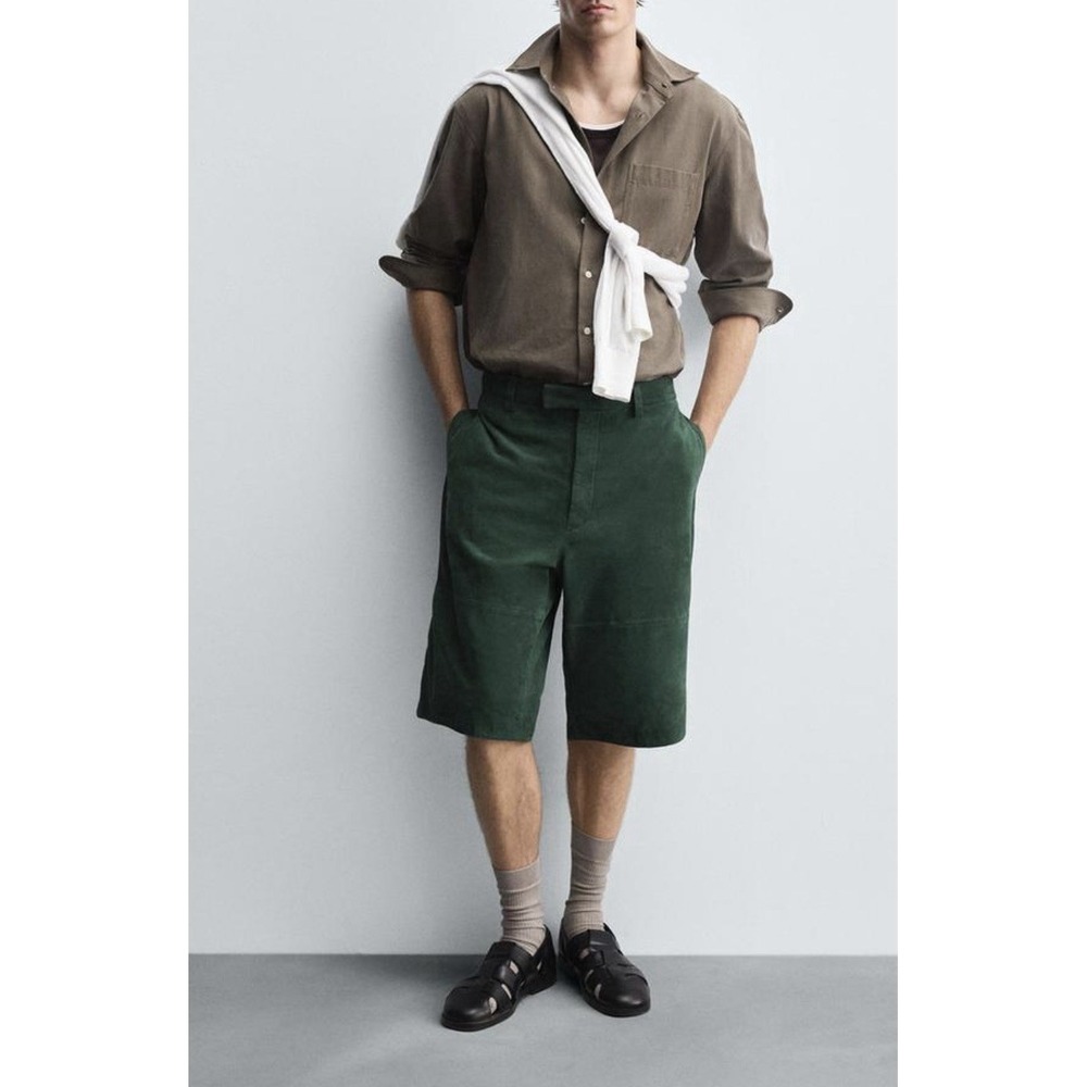 Zara Forest Green Suede Leather Jorts Long Shorts Men's Luxury Resort City‎